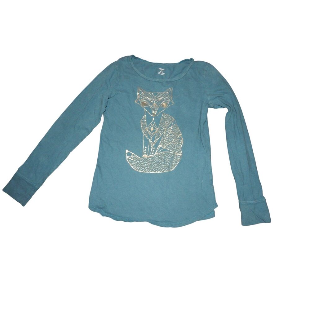 OLD NAVY girls large 10/12 dark teal blue gold cat fox graphic long sleeve shirt